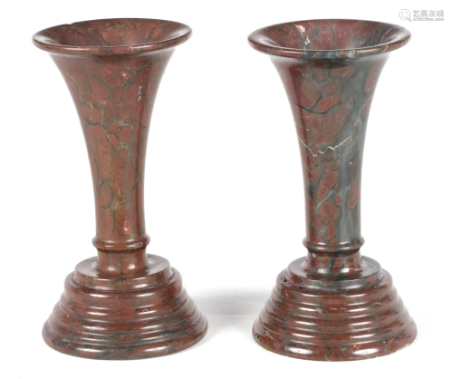 A PAIR OF 19TH CENTURY RED SERPENTINE MARBLE VASES of