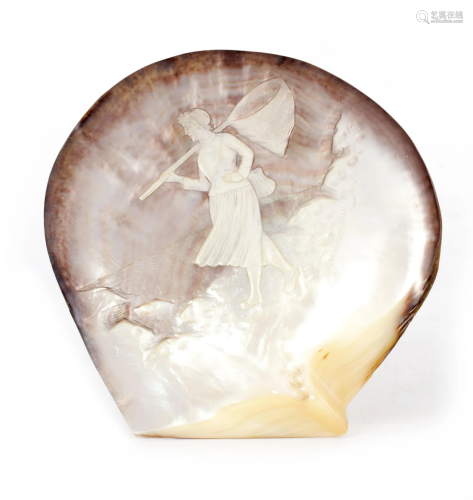 A 19TH CENTURY CARVED SHELL depicting a European girl