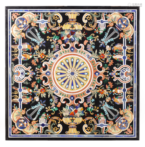 A MODERN SQUARE BLACK MARBLE PIETRA DURA TABLETOP