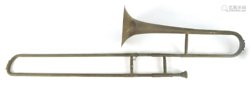 A 19TH CENTURY GERMAN BRASS TROMBONE with leaf engraved