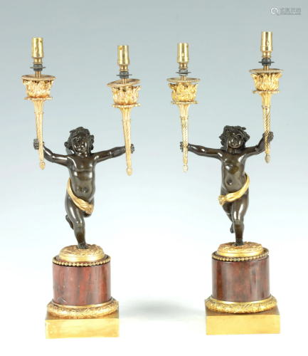 A PAIR OF FRENCH PATINATED BRONZE, ORMOLU AND ROUGE