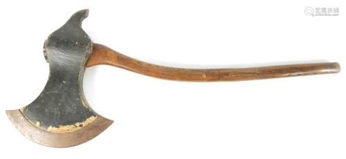 A 19TH CENTURY WOODEN AXE with painted steel-edged head