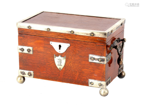 A LATE 19TH CENTURY NICKEL MOUNTED OAK TEA CADDY with
