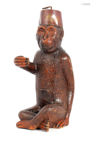A 19TH CENTURY BLACK FOREST CARVED MONKEY with glass