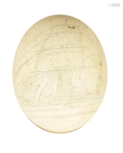 A SCRIMSHAW-WORK OSTRICH EGG with engraved ships …