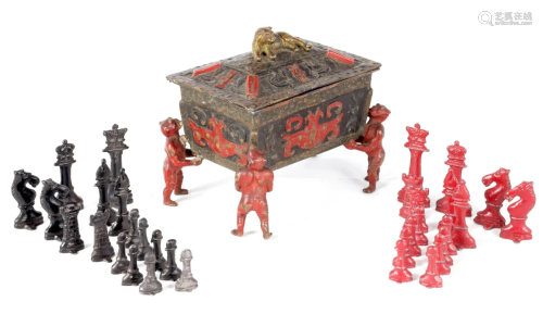 A LATE 19TH CENTURY ENGLISH PAINTED LEAD CHESS SET IN