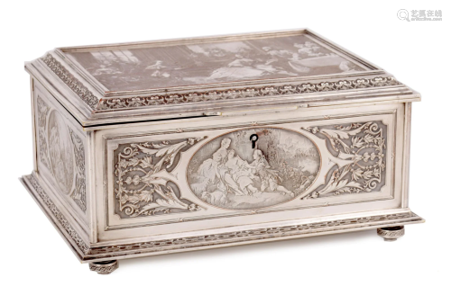 A 19TH CENTURY SILVERED COPPER FRENCH JEWELLERY BOX