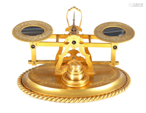 A SET OF 19TH CENTURY ORMOLU AND AGATE LETTER SCALES