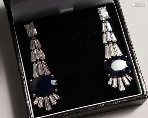 A GOOD PAIR OF ART DECO DESIGN, SILVER, REAL SAPPHIRE DROP E...