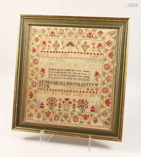 A GEORGE IV FRAMED AND GLAZED SAMPLER by Ellen Bell, Aged 9,...