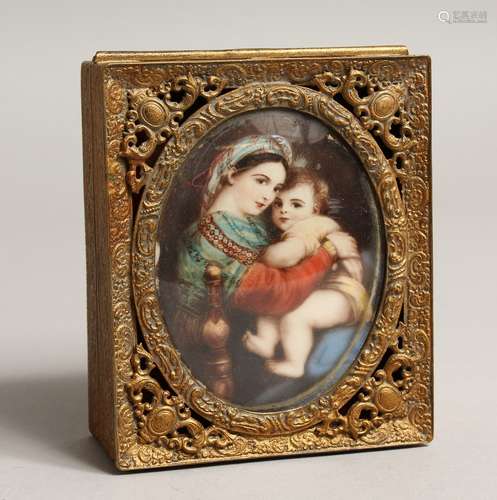 A FRENCH GILDED METAL AND PORCELAIN JEWEL BOX AND COVER, the...