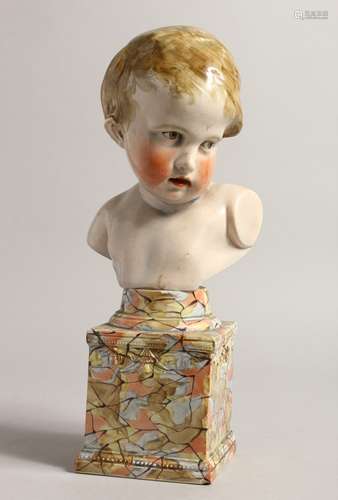 A GOOD PRATTWARE BUST OF O YOUNG BOY ON A PEDESTAL 11ins hig...