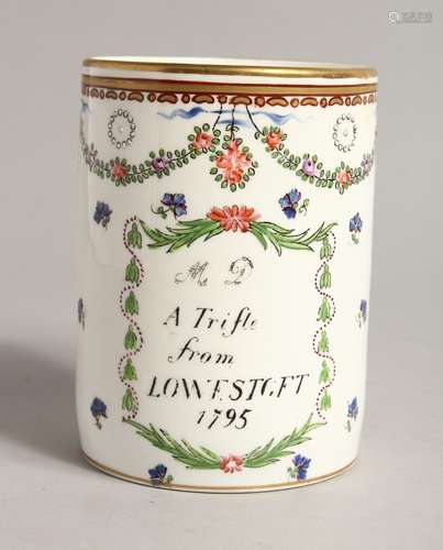 A SAMSON OF PARIS LOWESTOFT MUG, enscribed, 'A Trifle from L...