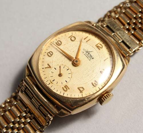 A 9CT GOLD 1930 - 1940 AVIA BALL BACK WATCH. CUSTODIAN BRACE...