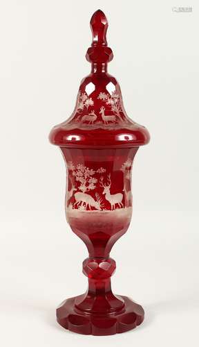 A SUPERB LARGE VICTORIAN BOHEMIAN RUBY GOBLET AND COVER etch...