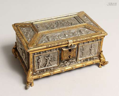 A GOOD FRENCH BRASS AND METAL JEWEL BOX AND COVER with class...