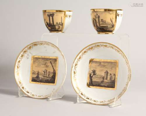 TWO PAIRS OF, POSSIBLY FRENCH, CUPS AND SAUCERS with panels ...