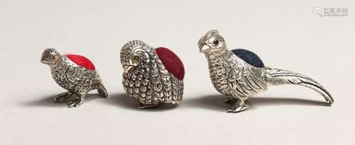 THREE NOVELTY SILVER BIRD PIN CUSHIONS