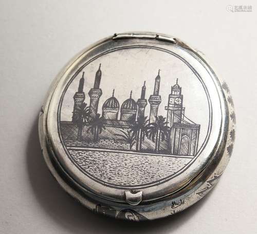 A RUSSIAN NIELLO CIRCULAR SNUFF BOX with a scene of Moscow. ...