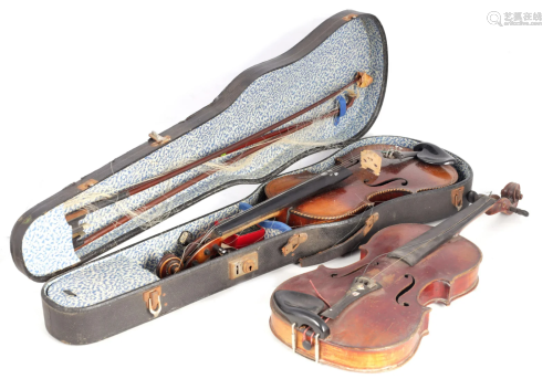 TWO ANTIQUE VIOLINS one with chequered edge and inlaid