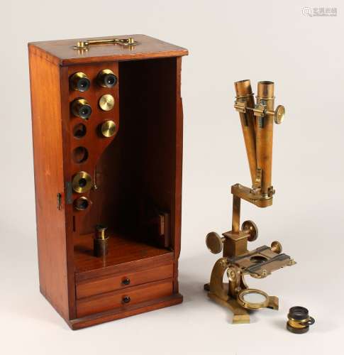 A BRASS MICROSCOPE IN A MAHOGANY CARRYING CASE by J. C. ROBB...