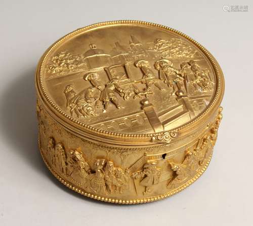 A GOOD FRENCH, GILDED METAL, CIRCULAR JEWEL BOX AND COVER th...