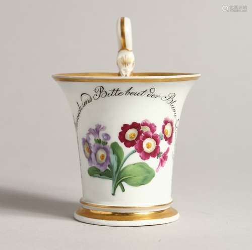 A 19TH CENTURY MEISSEN CAUDLE CUP, inscribed and painted wit...