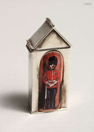 A SILVER AND ENAMEL QUEEN'S GUARD SENTRY BOX VESTA