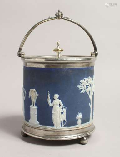 A WEDGWOOD JASPER WARE BLUE AND WHITE BISCUIT BARREL AND COV...