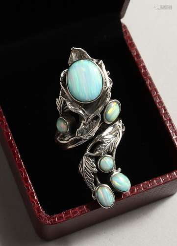 A SILVER AND REAL OPAL ART NOUVEAU STYLE RING.