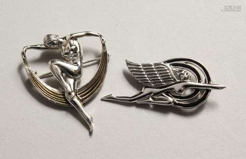 TWO SILVER ART DECO DESIGN LADY BATHERS BROOCHES.