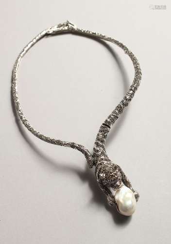 A SILVER AND MARCASITE PANTHER AND BAROQUE PEARL NECKLACE