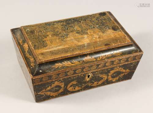 A 19TH CENTURY PENWORK JEWELLERY BOX with fitted interior 9....