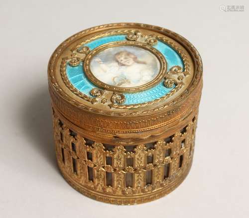 A FRENCH CIRCULAR GILDED METAL AND ENAMEL BOX with portrait ...