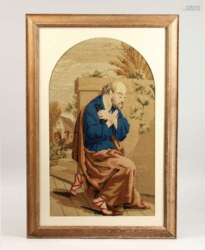 A 19TH CENTURY BRUSSELS NEEDLEWORK OF SAINT PETER seated in ...