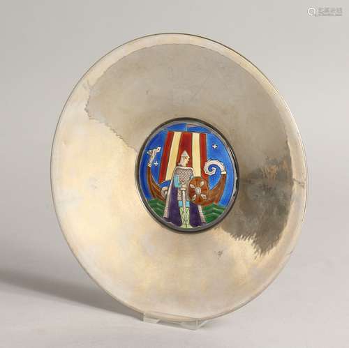 A SCANDINAVIAN SILVER AND ENAMEL CIRCULAR DISH with coat of ...