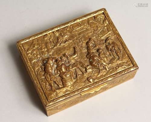 A FRENCH RECTANGULAR GILLDED METAL BOX, the lid with a taver...