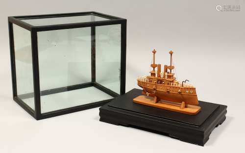 A GOOD BOXWOOD AND BONE MODEL OF A JAPANESE WAR SHIP. Signed...