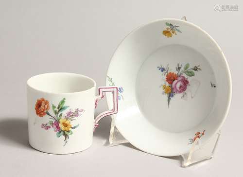 A 19TH CENTURY MEISSEN COFFEE CUP AND SAUCER painted with fl...