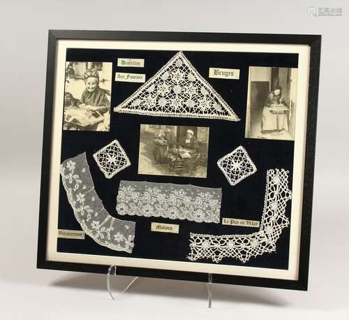 SIX PIECES OF FINE WHITE LACE COLLARS, framed and glazed, fr...