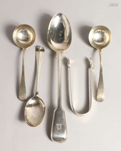 A SILVER FIDDLE PATTERN BASTING SPOON, London 1857, together...