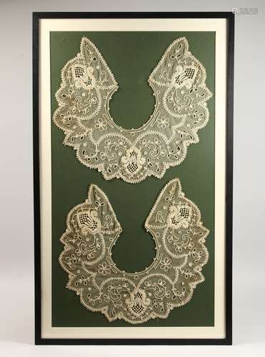 TWO LARGE FINE LACE COLLARS, framed and glazed. 36ins x 20in...