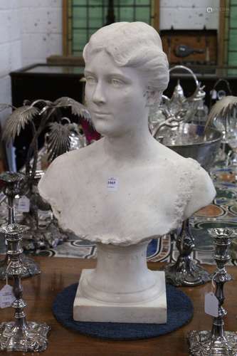 A GOOD 19TH CENTURY CARVED WHITE MARBLE BUST OF A LADY, ON A...