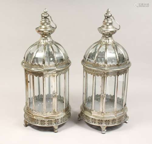 A PAIR OF CIRCULAR SHAPED SILVER METAL HANGING LANTERNS 24in...