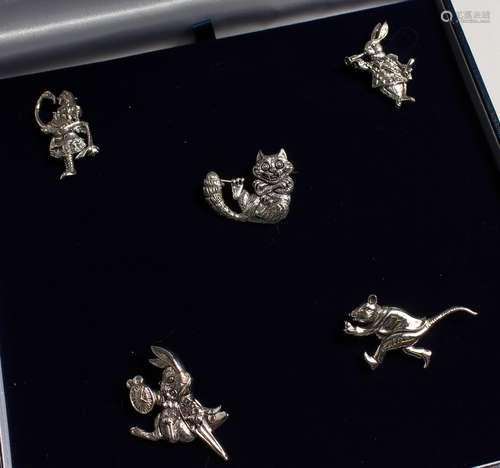 FIVE ALICE IN WONDERLAND SILVER BROOCHES