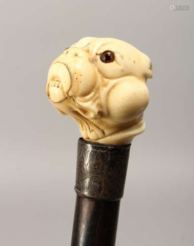 A 19TH CENTURY CARVED IVORY BULL DOG HANDLE WALKING CANE wit...