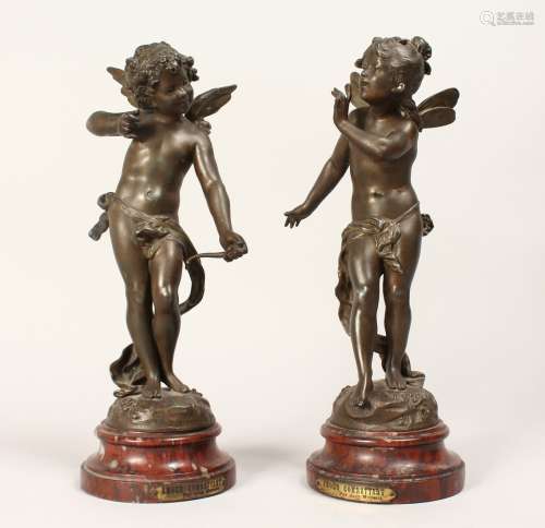 A PAIR OF 19TH CENTURY FRENCH BRONZES, CUPID AND PSYCHE on a...