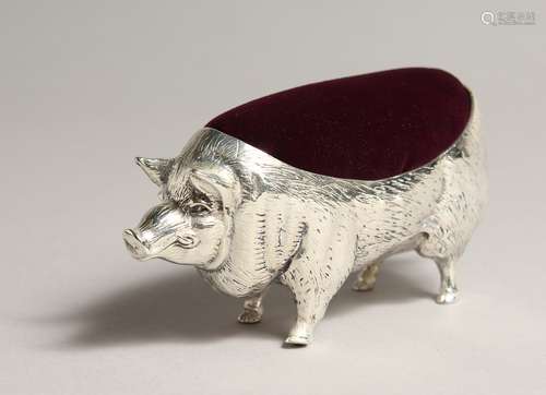 A LARGE SILVER PLATED PIG PIN CUSHION