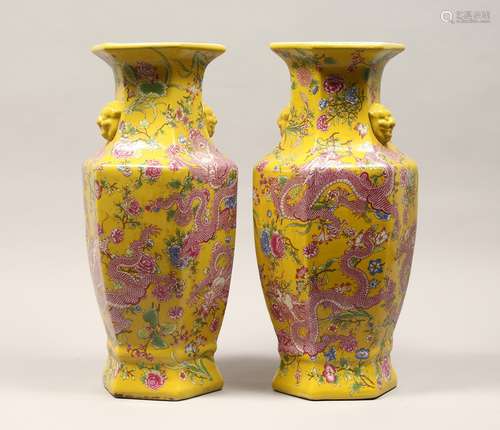 A PAIR OF CHINESE PORCELAIN HEXAGONAL SHAPE VASES, yellow gr...