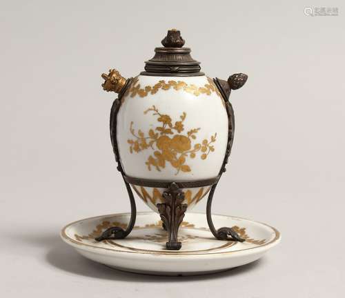 A 19TH CENTURY SEVRES PORCELAIN AND METAL BEAKER 5.5ins diam...